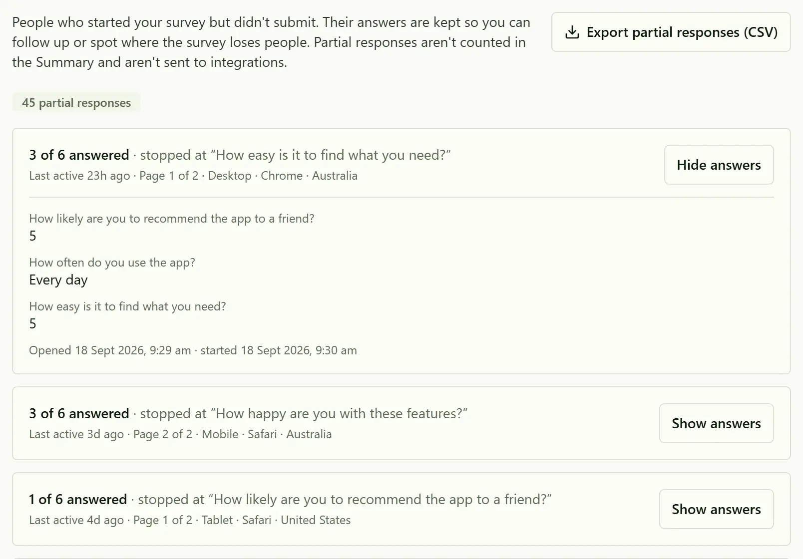 Partial responses: 45 people who started but didn't submit, each showing how many questions they answered, where they stopped, and their answers so far.