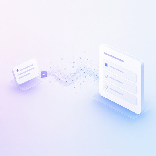 Minimalist isometric illustration of a short prompt card connected by a soft particle trail to a survey card with multiple-choice options, illustrating Pulseware’s AI survey builder.