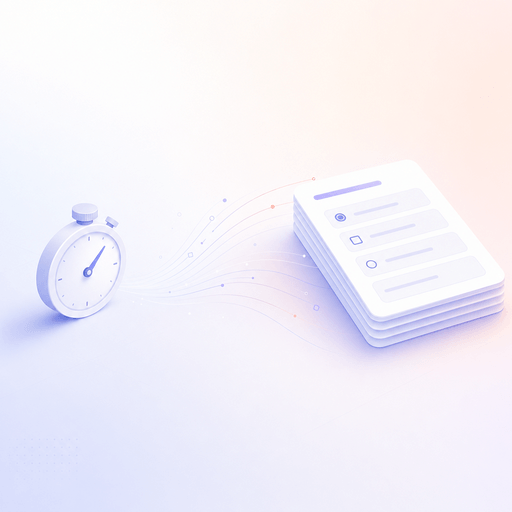 Minimalist isometric illustration of a stopwatch flowing into a finished survey card, illustrating how fast you can build a Pulseware survey.