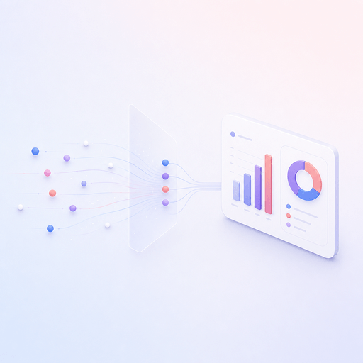 Minimalist isometric illustration of incoming response dots flowing into a compact dashboard tile with bar and donut charts, illustrating the Pulseware response dashboard.