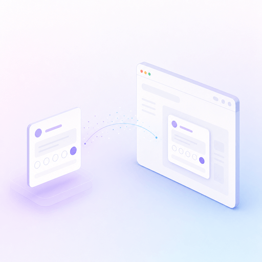 Minimalist isometric illustration of a Pulseware survey card handing off into a generic browser window, illustrating embeddable surveys.