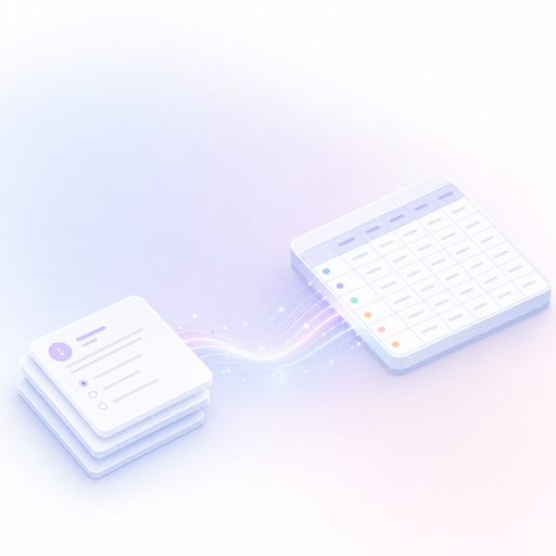 Minimalist isometric illustration of survey response cards flowing into a tidy spreadsheet grid, illustrating one-click CSV and Excel export from Pulseware.