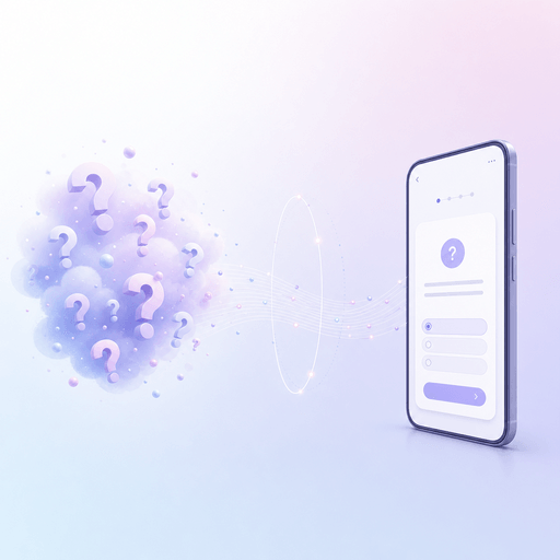 Minimalist isometric illustration of question shapes resolving into a smartphone showing one survey question per screen, illustrating Pulseware’s mobile-first survey runner.