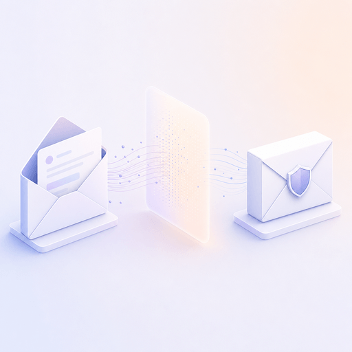 Minimalist isometric illustration of an open response envelope flowing through a soft mask into a sealed shielded envelope, illustrating Pulseware’s anonymous, privacy-respecting surveys.