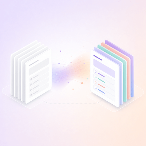 Minimalist isometric illustration of plain survey cards being re-skinned in soft pastel brand colours, illustrating Pulseware’s customisable survey themes.